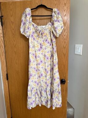 Astr Cream Midi Dress with Purple and Yellow Floral Print